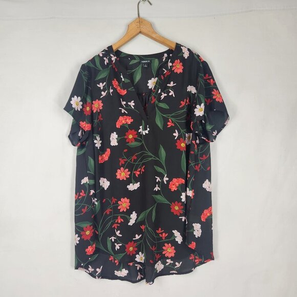 Torrid Chiffon V Neck Black Floral Blouse Women's 1x Shirt Top High Low Whimsy - Picture 1 of 7
